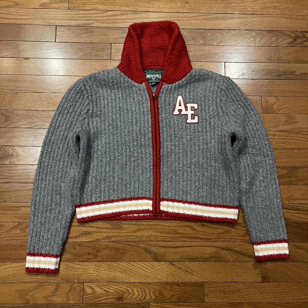 American Eagle Varsity Sweater Jacket Women's S Gray Red Hooded Zip Up Knit